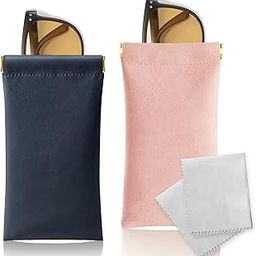 Glasses Case 2 Pack Soft Sunglass Case Portable Squeeze Top Leather Eyeglass Case Pouch, Black and Pink, Medium, Black and Pink, Medium-2
