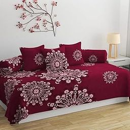 BLACK SPADE Diwan Set Covers 8 Pieces Heavy Glace Cotton Designer Printed Standard Diwan Set (1 Single Bedsheet, 2 Bolster Covers and 5 Cushion Covers) (Wine Jaipuri)-image-3