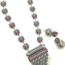 German Silver Stone Studded Oxidized Jewellery Set with Jhumka Earrings for Women & Girls-image-96