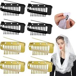 TecoKart® 8Pcs Dupatta Clips for Brides, Chunni Clips with Safety Pins, 10 Teeth Strong Grip Hair Extensions Clip for Bridal Veils and Hair Styling (Black and Gold)-image-1