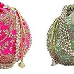 Combo Women's Potli Pink Green Potli Batwa Bag Wedding potli for Ladies Gift for Women Handbags Traditional Indian Wristlet with Drawstring Ethnic Embroidery Women Fashion Potli-image-17