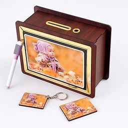 FOTIXO ART GIFTS Wooden Photo Money Bank Saving Box/Piggy Bank for Adults & Kids Perfect for Savings Challenges, Birthdays, and Gifts 20 x 15 cm, Brown and Gold (Customized)-picture-11
