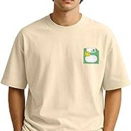 Oversize Loose Baggy Fit Drop Shoulder Cool and Stylish Latest Pocket Floppy Print Design Half Sleeve Beige T-Shirt for Men-image-5