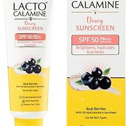 Lacto Calamine Dewy Sunscreen SPF 50 PA+++ | 50g | Water Resistant, No White Cast, UVA & UVB Protection | Sunscreen SPF50 + Primer | Acai Berries, Niacinamide & Watermelon | Dermatologically Tested-24