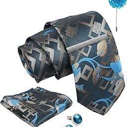 Tie for Men – Micro Silk Neck Ties Set with Cufflinks Flower Pin, Pocket Square & Black Gift Box, Combo Necktie Sets for Office Wear, Formal Suits & Weddings (Teal Ocean Blue, NXWDS_245)-image-45