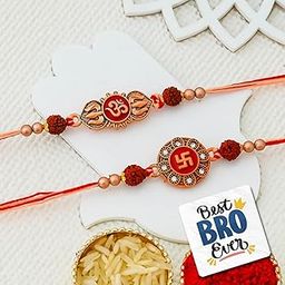 eCraftIndia Set of 2 Rakhi for Brother | Swastika Om Rakhi for Kids | Rakhis | Best Bro Ever Fridge Magnet | Roli Chawal Pack-image-62