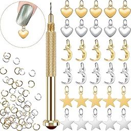PAGOW 71 PCS Dangle Nail Art Charms, Nail Jewelry Rings with Nail Piercing Tool Hand Drill for Tips, Acrylic, Gels and Decorations-image-15