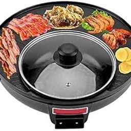 Delavala 2 in 1 Electric BBQ Hotpot Korean Style Non Stick Surface Smokeless Double Layer Barbecue Grill Griddle Plate Pan with Glass Lid for Tandoor Veg-Non Veg Cooking Grill Pan (38X33X13CM)-14