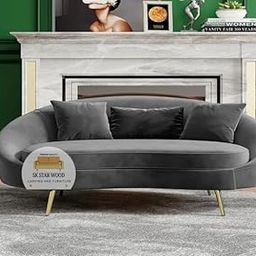 SK Star Wood Carving and Furniture Modern Velvet Curved Sofa 2 Seater Sofa Gold Metal Legs Toss Pillow Included (Grey)-image-28