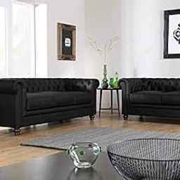 ES ESPINHO ESPN0001 Solid Sal Wood Leatherette Upholstered 5 Seater Button Tufted Chesterfield 3+2 Sofa Set for Living Room, Black Color-image-16
