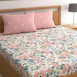LOOMLYFE 300 TC Microfiber XXL Soft Cotton Super King Size Bedsheet for Double Bed, King Size 108 Inches X 108 Inches, 9 Feet, 275 X 275 cm with 2 Large Size Pillow Covers - PinkFlowers-29