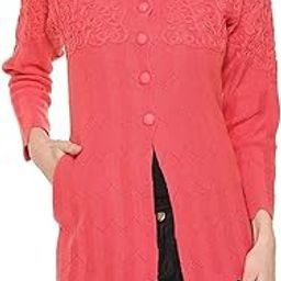 Women's Woolen V-Neck Cardigan - Printed Heavy Front Kadai Daffodil Fabric Winter Wear Pure Wool Cardigan for Women - Free Size Long Cotty - Fully Warm - Carrot, 3XL-image-17