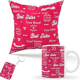 Kaameri Bazaar Birthday Bhaidooj Rakhi Gift Combo for Sister (Cushion Cover with Filler + Mug + Key Ring) - Rakhi Birthday Gift for Sister-image-22