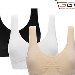 Women's 3 Pack Seamless Comfortable Sports Bra with Removable Pads, Black &White & Nude, Medium-image-91