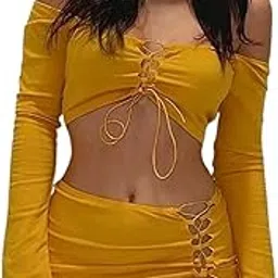 quecy Women's Polyester Slim Fit Casual Solid Asymmetrical Collar Lace Up Skirt Outfits Set of 2 |Yellow |XS-picture-2