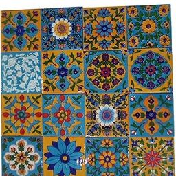 Shiv Kripa Blue Pottery Home Decorative Ceramic Wall Hanging Tile Design Flooring Tiles Floral Kitchen Washroom Mosaic Furniture Tile Handmade Backsplash 3 x 3 Inches (Pack of 16, Multicolor)-picture-14