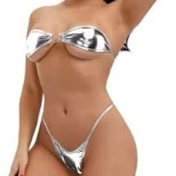 Metallic Two-Piece Swimsuit, Strapless Bandeau Top with Bow, High-Cut Brazilian Bottom-image-61