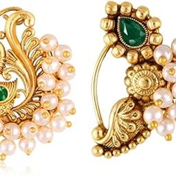 Vighnaharta Golden Moti Pearls Nath Nathiya nose pin Gold Plated Alloy two Nose Ring valentine day gift valentineday gift for her gift for him gift for women gift for woment[VFJ1134-1171NTH-Press-Green]-picture-17