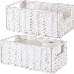 Vagusicc Wicker Storage Basket, Small Storage Basket Woven Wicker Baskets for Organizing with Handles Foldable Storage Bins Toilet Paper Basket for Toilet Tank Bathroom Small Baskets Set of 2, White-6