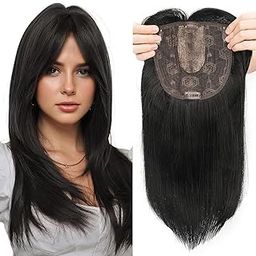 Black Hair Topper for Women Clip in Hair Toppers with Bangs Realistic Synthetic Hair Piece Large Silk Base Cover Thinning Loss Daily Use 14 inch Natural Black-image-63
