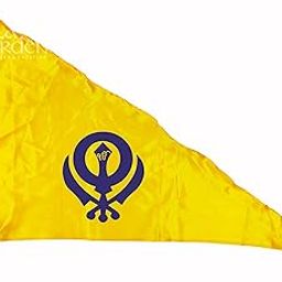 La Jarden Yellow Sikh Gurudwara flag 3x4.5 feet, Holy triangular made of silk/satin cloth, Printed with traditional symbol of the Khalsa Panth alongside the "IK ONKAR" in royal blue 1 nos. (36x54 inches)-picture-15