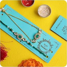 Green Kundan Bhaiya Bhabhi Rakhi Set with Chain Lumba, Traditional Pearl Beaded Design, Roli Chawal Combo-image-11