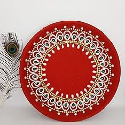 Decorative Puja Thali for Festival and Ritual Use|Red Velvet Base with Beaded and Pearl Work|-25