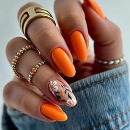 FWS Artificial fake Press On Nails Art Set (Set Of 20) Reusable Nails Extension,BridalNails,Stick-On Nails,Manicure Art Set, AcrylicNails,False Nails,DesignerNails | Nail Glue, Nail file, cuticle pusher, cleaning wipe | Glossy Orange Floral Shape Long Oval-image-62