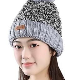 Black Grey Winter Warm Snow Proof -20 Degree Knitted Ball Cap (Inside Fur) Woolen Beanie Cap for Ladies Women Girl-80