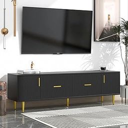 NESTHONEST Wooden Entertainment TV Unit for Living Room | Floor TV Stand with 2 Drawers & 2 Door Cabinet Storage for Home | Solid Wood Sheesham & Iron, Black & Golden-27