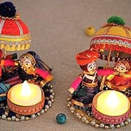 JH Gallery Recycled Material Rajasthani Raja Rani Puppet, Dolls Decorative Tealight Candle Holder, Diwali Decoration Items for Home Décor, Tea Light Candle Holder(Pack of 2)-26