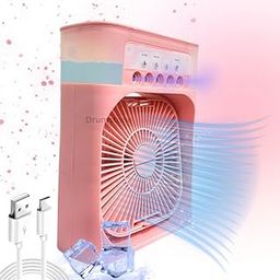 Drumstone ( NEW STOCK WITH 15 YEARS WARRANTY ) Portable Air Conditioner Cooler, Mini Evaporative Cooler with 7 Colors LED Light, 1/2/3 H Timer, 3 Wind Speeds and 3 Spray Modes for Your Desk-Pink-picture-1