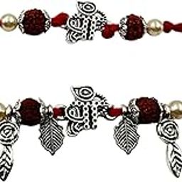 Handcrafted Bhaiya Bhabhi Rakhi Set with Antique Silver “Shree” Charm, Rudraksha Beads & Leaf Dangling Charms | Traditional Red Mauli Threads with Pearls-83