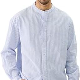 Stripes: Marina Men and Boys Long Sleeve Button Front Blue and White Cotton Mandarin Collared Shirts-image-8