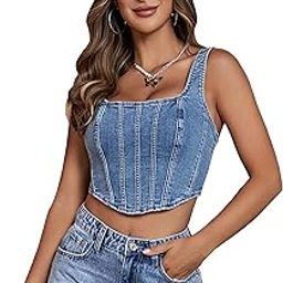 Girl's and Women's Blue Denim Crop Top, Square Neck, Sleeveless Corset Style Women Western Cotton Denim Bustier Vest Crop Top | Bralette Blouse | Sleeveless (Denim Top 158)-picture-2