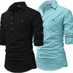 Men's Slim Fit Spread Collar Beige Color Pure Cotton Short Kurta Pack 2-image-19