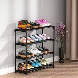 BRANDFLEX 4 Tier Shoe Rack with Shelf, Folding ShoeRack for Bedroom, Living Room,Entryway, Multicolor, ShoeRack,Footwear Stand for Home, Plastic, ShoeRack with only 4 Layer (BLACK 4 TIRE)-14