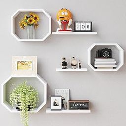 AALIYA MART Wooden Floating Wall Shelves, Octagonal Shape Set of 6 Wall Shelves | Creative Wall Display Racks for Books, Plants | Decorative Shelf for Living Room, Bedroom, Office (Elegant White)-picture-24