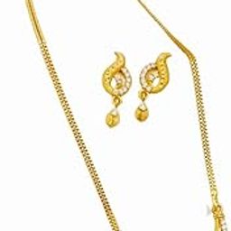 Women's Golden Crystal Pendant with Chain and Earrings Set, Traditional Mangalsutra Design, Chain with Pendant For Women-47