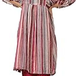 Women's Pink and Grey Striped Cotton Kurta Set with Balloon Sleeves – V-Neck Embellished Tunic and Palazzo Pants for Daily-image-19