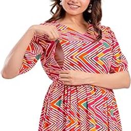 Rudra Fashion Women's Pure Cotton Printed Both Side Invisible Vertical Zipper Feeding Kurti-image-92