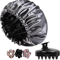 Silk Satin Hair Bonnet Reversible With 3 Free Scrunchies And Hair Scalp Massager Shampoo Brush, Silk Hair Cap for Sleeping, Satin Bonnet for Curly Hair (Grey)-19