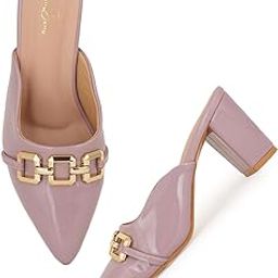 Women's Patent Leather Block Heel Mules with Gold Chain Detail, Perfect for Every Occasion Bellies Women's Fashion Pointed Pump Shoes for & Women & Girls Available in Black,Beige,Pink,White-7