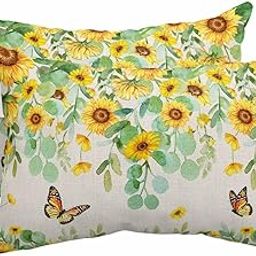 Lumbar Pillow Covers Set of 2, Sunflower Waterproof Outdoor Chaise Lounge Pillow Covers with Elastic Strap, Butterfly Summer Botanical Eucalyptus Leaves Rustic Headrest Pillowcase for Patio, 12 x 20-image-35