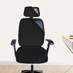 3 Piece Black Office Chair Cover with Headrest Cover 200GSM Fabric Stretchable Stain Proof Office Computer Desk Executive Rotating Seat Covers Slipcover Protector for Office Chair-27