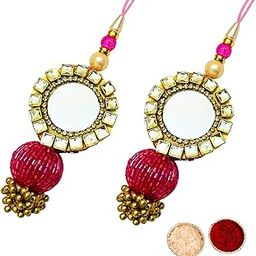Buyent ® Elegant Kundan pearl traditional mirror lumba rakhi set of 2 chuda rakhi for bhabhi sister womens rakhi with roli chawal-image-12