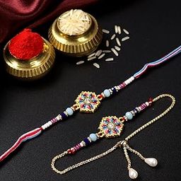 Rakhi Set for Brother and Bhabhi – Flower Style Multicolor Bhaiya Bhabhi Gift Set of 2, Rakhi for Bhai & Lumba for Bhabhi with Silver Colour Coin and Greeting Card – Raksha Bandhan Combo-image-115