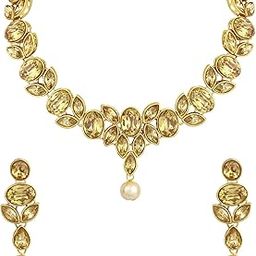 Ethnic Gold Plated Crystal Studded Choker Necklace Earring Set Stylish Jewellery For Women & Girls-16