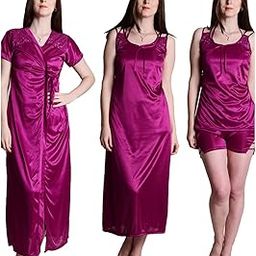 Women's Wine Satin Nightwear/Nightdress 4 Pc Set of Nighty, Wrap Gown, Top & Shorts with Nighty Set-picture-16