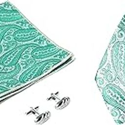 Men's Woven Jacquard Paisley Print Green Color Neck tie Combo Set (Leatherette Box,Neck tie,Pocket square,Cuff links)-image-95